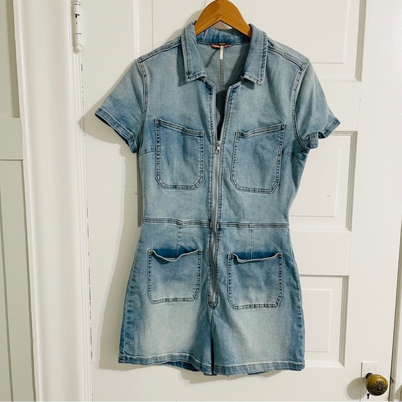 Free People Lennox Shortsuit Zip Up Short Sleeve Romper - Bermondsey Blue - Picture 6 of 8